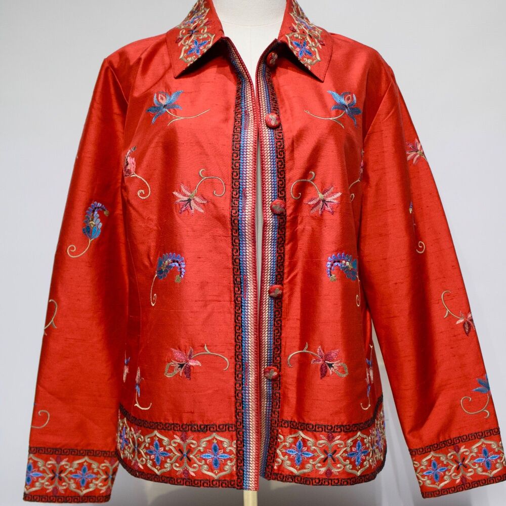 VTG Icelandic Design Red 100% Silk Floral Embroidered Button Jacket Women Size M